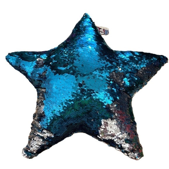Star Sequin Reversible Plush Pillow Blue Silver NEW - Picture 1 of 7